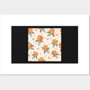 Cream, teal and burnt sienna watercolor florals and leaves Posters and Art